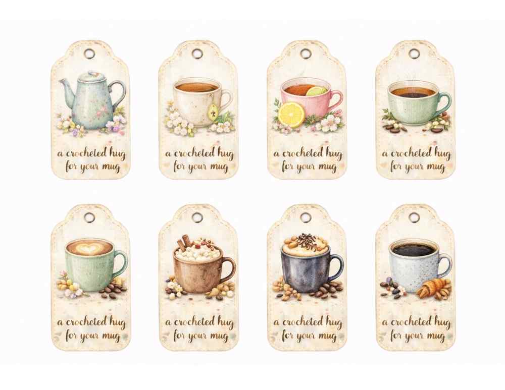 Eight illustrated gift tags show mugs or teapots with hot drinks, flowers, cozy details, and the text &ldquo;a crocheted hug for your mug.&rdquo;. Free crochet pattern