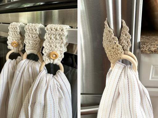 White towels hang from wooden rings with beige, textured crocheted holders, buttoned to an oven and refrigerator handle. Free crochet pattern