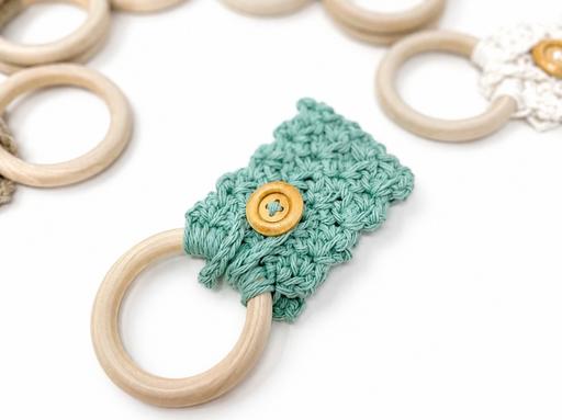 Wooden ring with a teal crocheted cover and yellow button, surrounded by colorful covered rings on a plain white background. Free crochet pattern