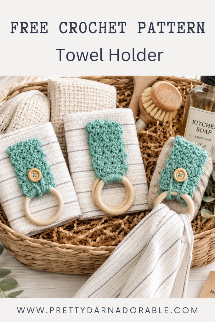 A wicker basket with crocheted towel holders, folded towels, a scrub brush, and soap. Text: Free Crochet Pattern—Towel Holder. Free crochet pattern