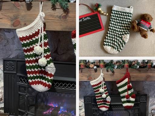 Three photos show red, green, and white striped crocheted Christmas stockings hanging on a mantel and by a fireplace, surrounded by festive decorations, a teddy bear, and a letter board reading &ldquo;Dear Santa.&rdquo;. Free crochet pattern