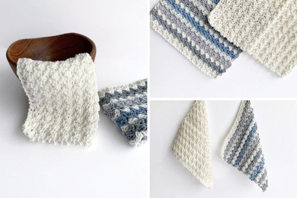 Three images display crocheted dishcloths in off-white and blue-and-white stripes; one rests over a wooden bowl, while two lie flat side by side on a white background. No visible text or promotional information appears in the photos. Free crochet pattern