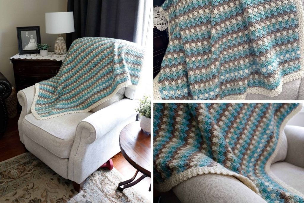A cream armchair with a blue, gray, and white crocheted blanket draped over it sits in a warmly lit, traditional living room; two close-up shots show the blanket’s textured pattern and colors. No visible text or promotional information appears in the image. Free crochet pattern
