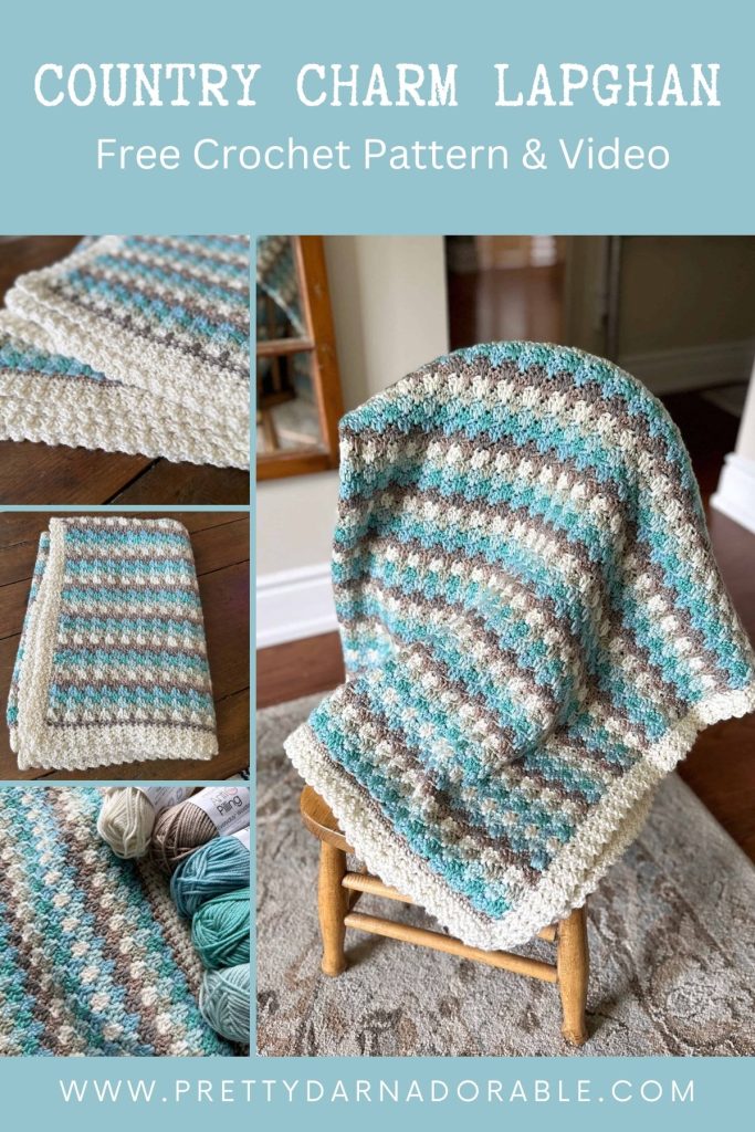 A striped crochet lapghan in soft blue, cream, and tan is draped over a wooden chair, with close-ups showing its textured stitches and yarn skeins; text reads: Country Charm Lapghan Free Crochet Pattern & Video. Free crochet pattern