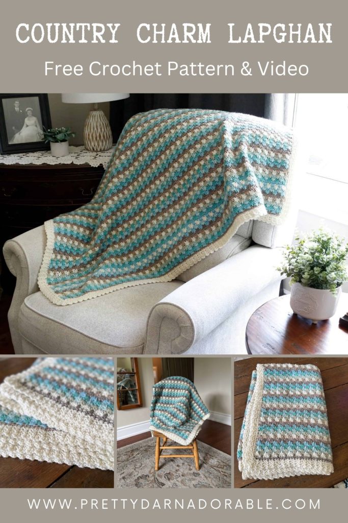 A blue, beige, and white striped crochet lapghan is draped over a white armchair, with additional close-up and folded images below. Visible text reads: Country Charm Lapghan, Free Crochet Pattern & Video. Free crochet pattern